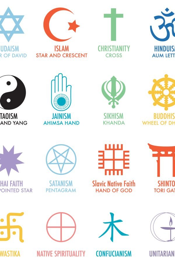 A vibrant collection of religious symbols and signs